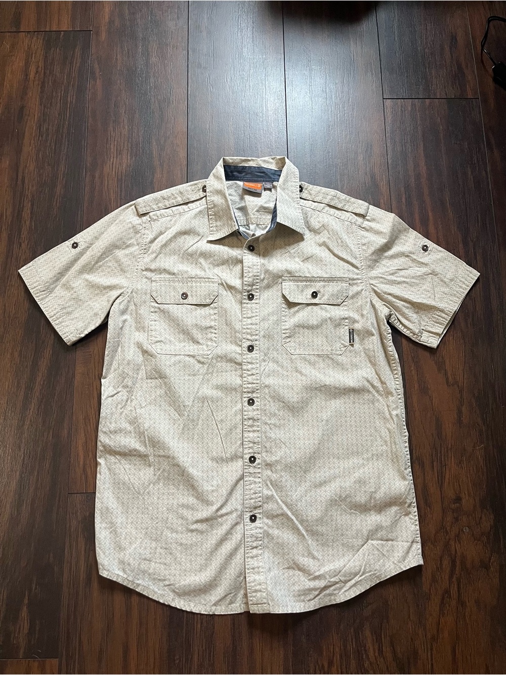 Merrell Mens L Beige Geometric Button Up Shirt Short Sleeve Fishing Outdoor